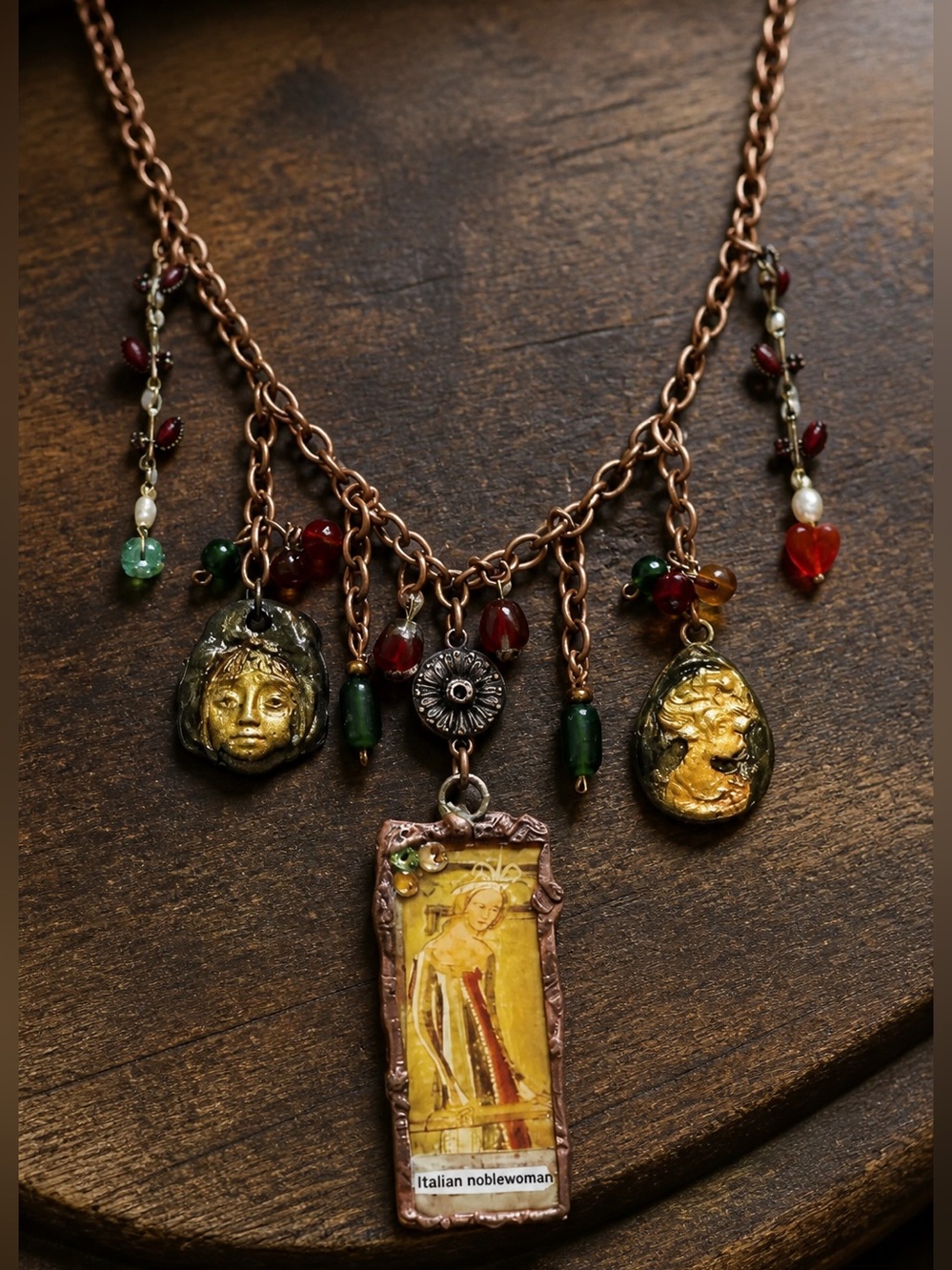 Italian Noblewoman Tiny Art Canvas Necklace | Glass, Clay Cameos & Copper - Picture 3 of 15